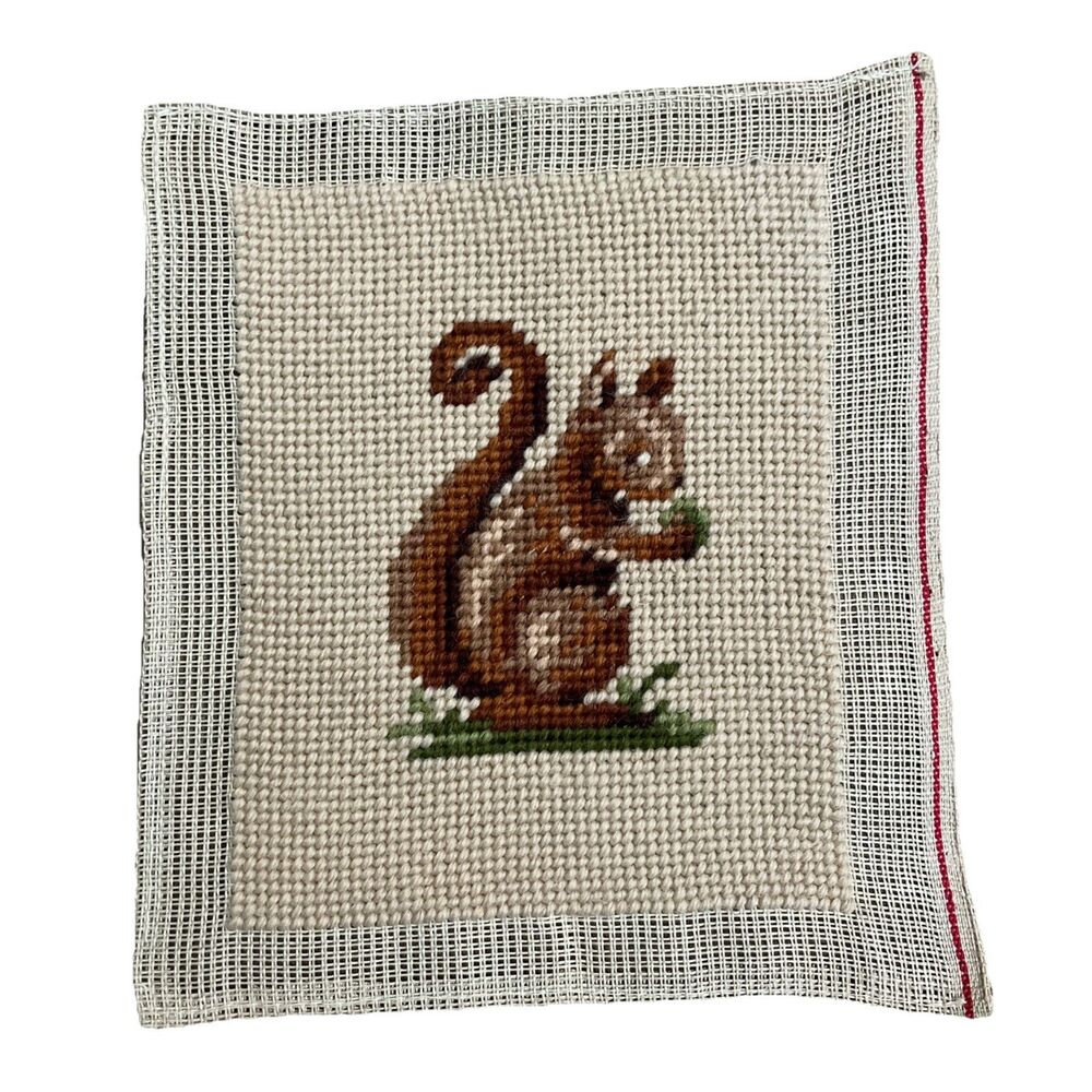 Vintage Finished Needlepoint Squirrel Small Nature Square